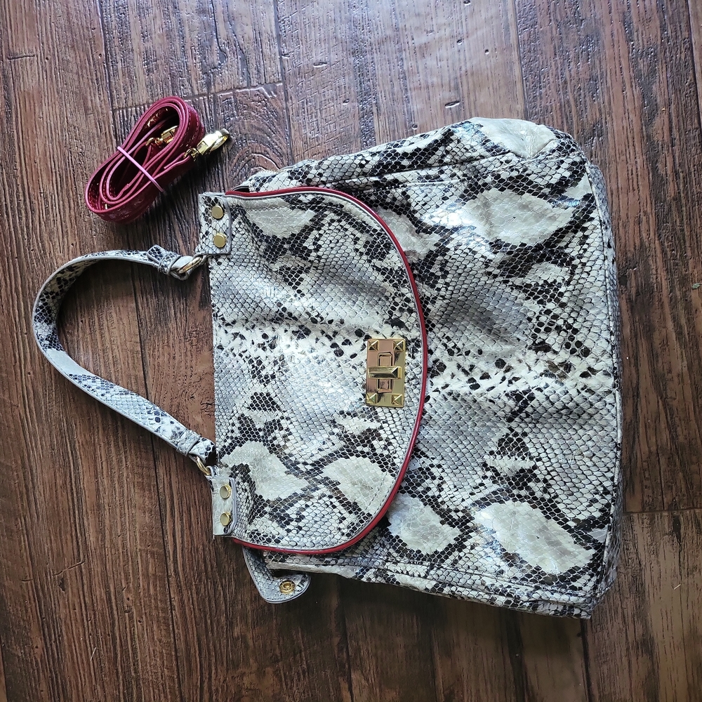 Jessica Simpson Purse/Crossbody Snakeskin with red piping and red strap